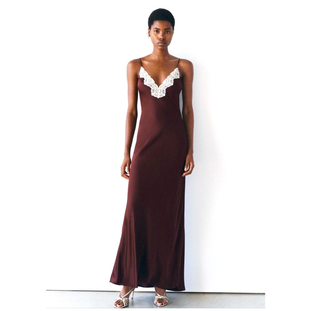 Zara Lace Slip trim Long Maxi Satin effect Dress ZW Collection sz.XS